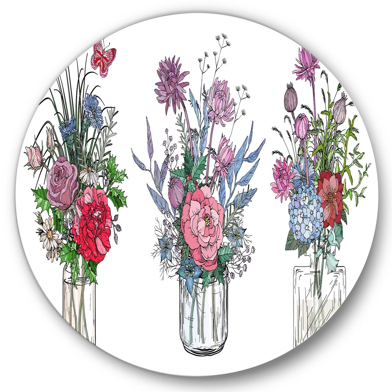 Designart - Bouquets of Wildflowers In Transparent Vases I - Farmhouse Metal Circle Wall Art